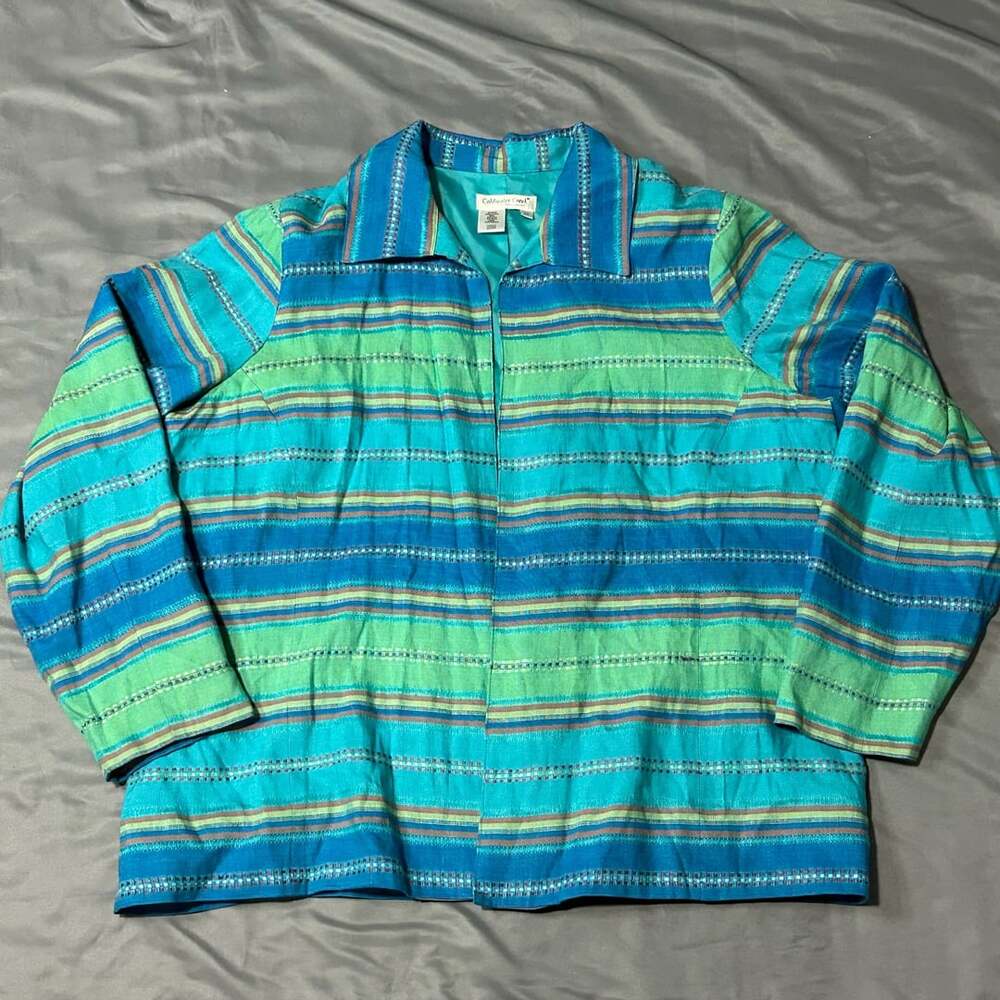 Coldwater Creek Striped Linen Jacket Size 2X Blue Green